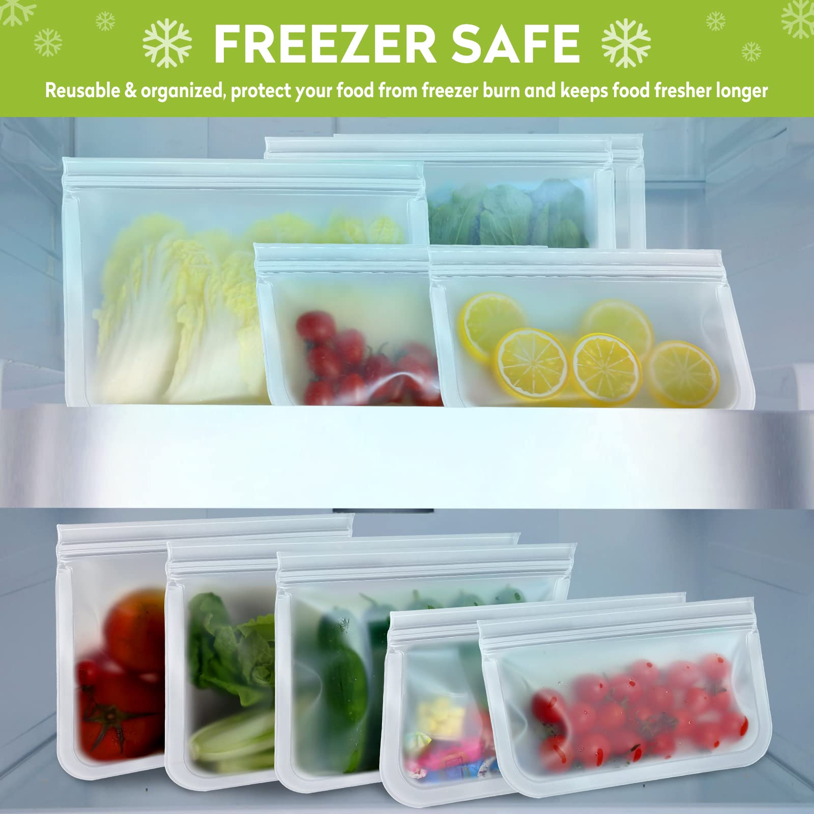Eco-Friendly Reusable Food Storage Bags - 10 Pack Leakproof BPA Free Freezer & Sandwich Bags for Meat, Fruit, Snacks | Perfect for Meal Prep, Home Organization & On-the-Go Lunches