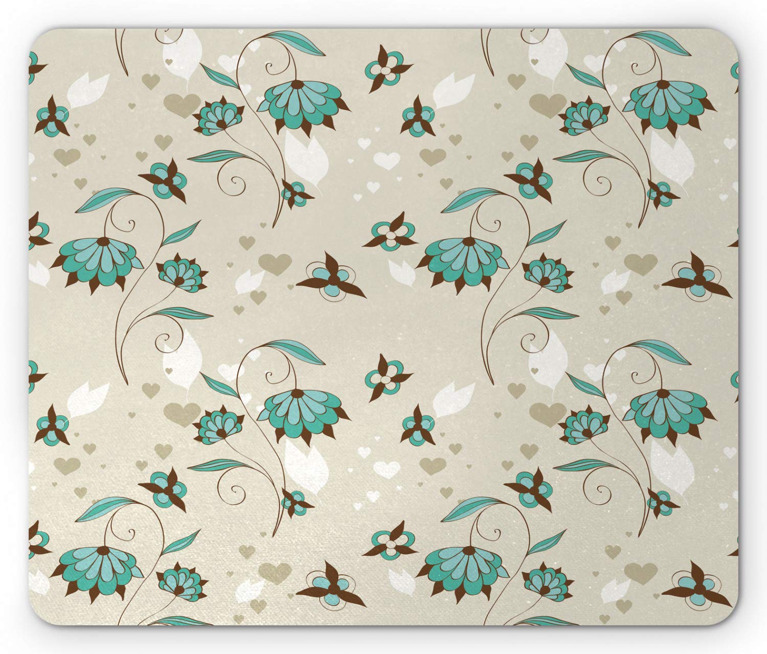 Ambesonne Floral Mouse Pad - Romantic Hearts & Blossoms Design, Non-Slip Rubber Base, Standard Size (Turquoise/Brown/Beige) - Perfect for Office, Gaming & Home Computer Use