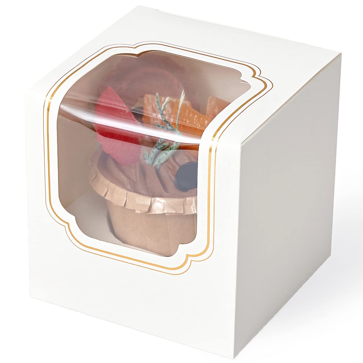 Premium White Cupcake Holders with Gold Foil Stamping - 12 Pack Pastry Boxes for Elegant Dessert Display, Party Favors, and Wedding Treats