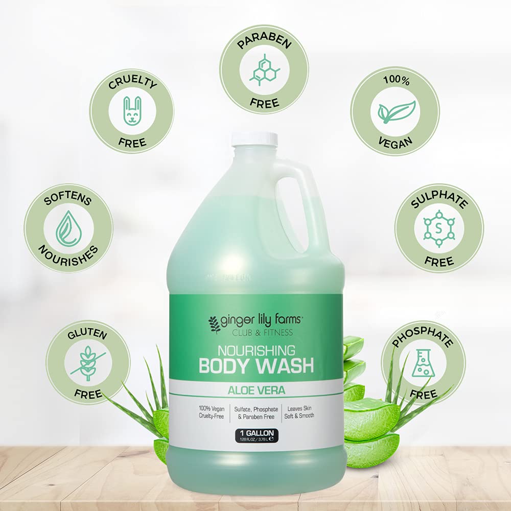 Ginger Lily Farms Club & Fitness Nourishing Body Wash - 100% Vegan, Cruelty-Free, Aloe Vera Scented - 128 Fl Oz (Pack of 4) - Perfect for Gym, Fitness & Post-Workout Shower