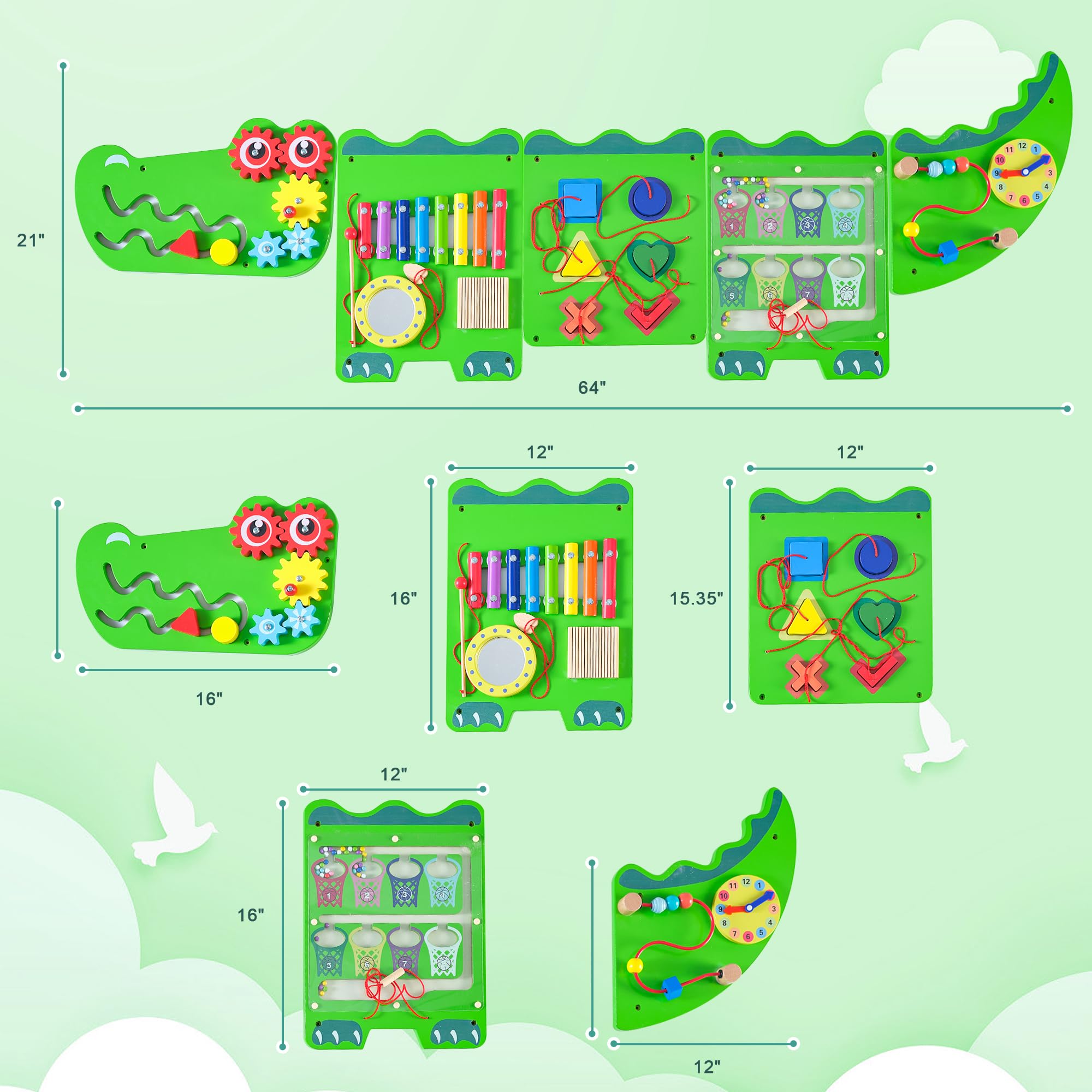 **Crocodile Sensory Toys Activity Wall Panels - Montessori Busy Board for Toddlers 18+ Months, Wooden Learning & Interactive Toys for Fine Motor Skills - Sensory Wall & Activity Cube for Daycare, Preschool, Home Play (Green)**