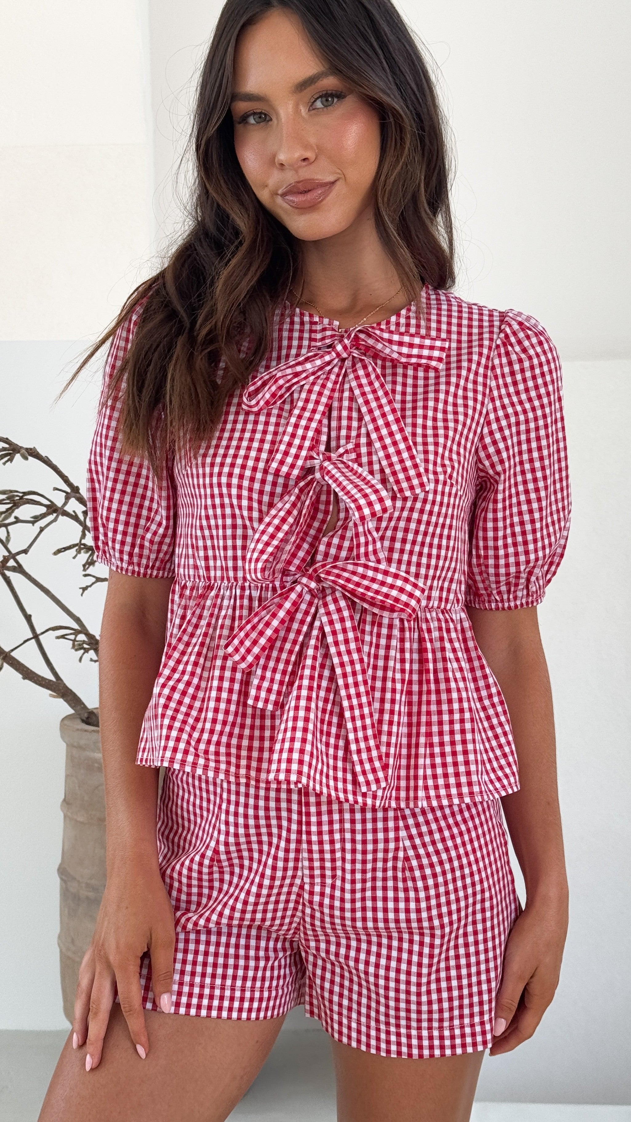 Belle Women's Casual Shorts - Red Check Plaid High Waist Summer Shorts for Outdoor, Travel & Daily Wear