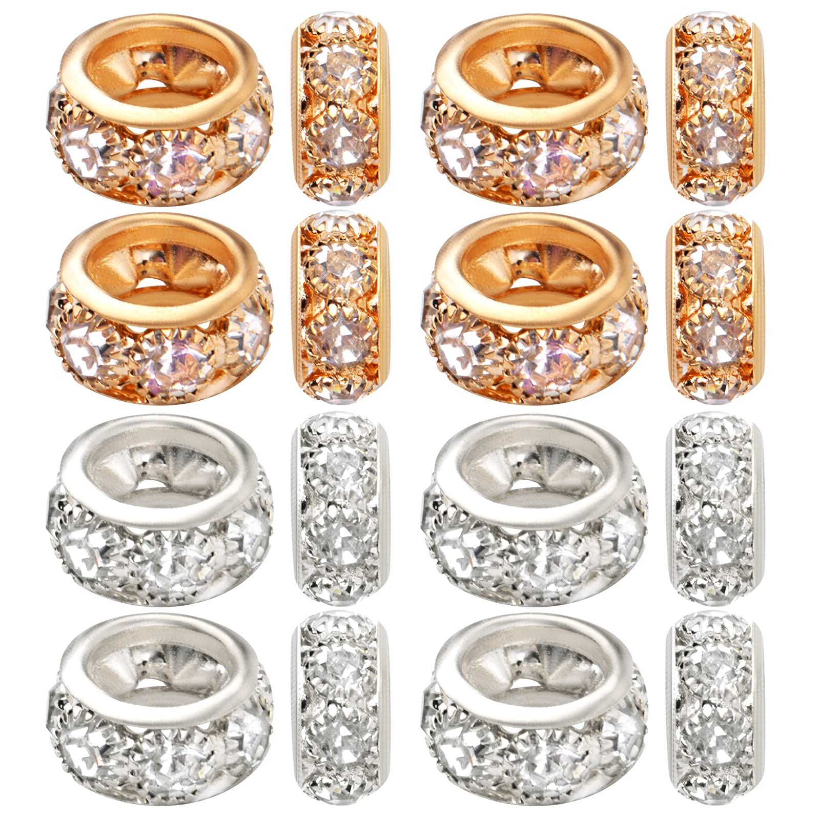 12mm Large Hole Spacer Beads - 40pcs Crystal Rhinestone European Beads with Brass Rondelle Charms for DIY Jewelry Making | Gold & Silver Loose Beads Craft Supplies | Perfect for Snake Chain Bracelets, Necklaces & Boho Style Accessories