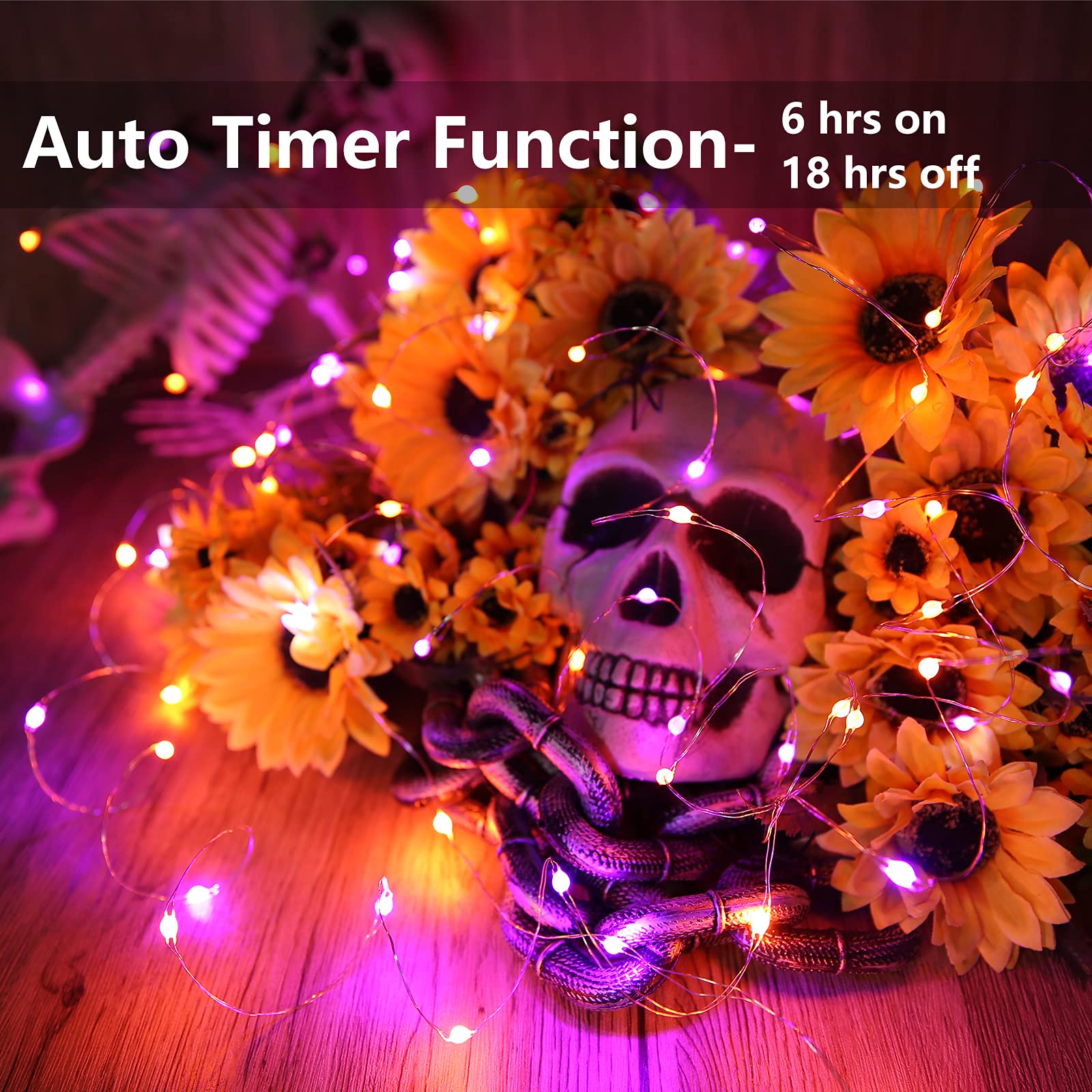 Orange Purple Halloween String Lights - 17.59ft 50 LED Waterproof Fairy Lights with 8 Modes & Battery Power for Outdoor Haunted House Decorations, Party, Garden, and Yard Halloween Decor
