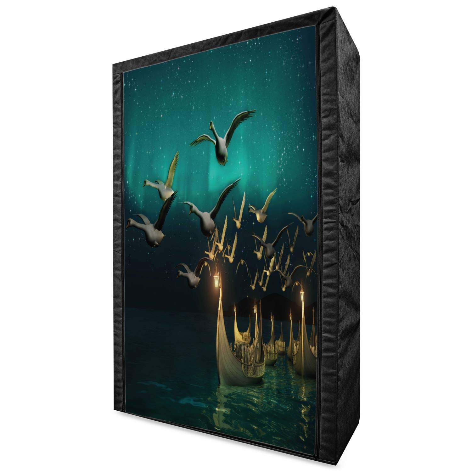 Ambesonne Fantasy Portable Fabric Wardrobe - Medieval Boats & Birds Flying Mystical Adventure Design - 42.5