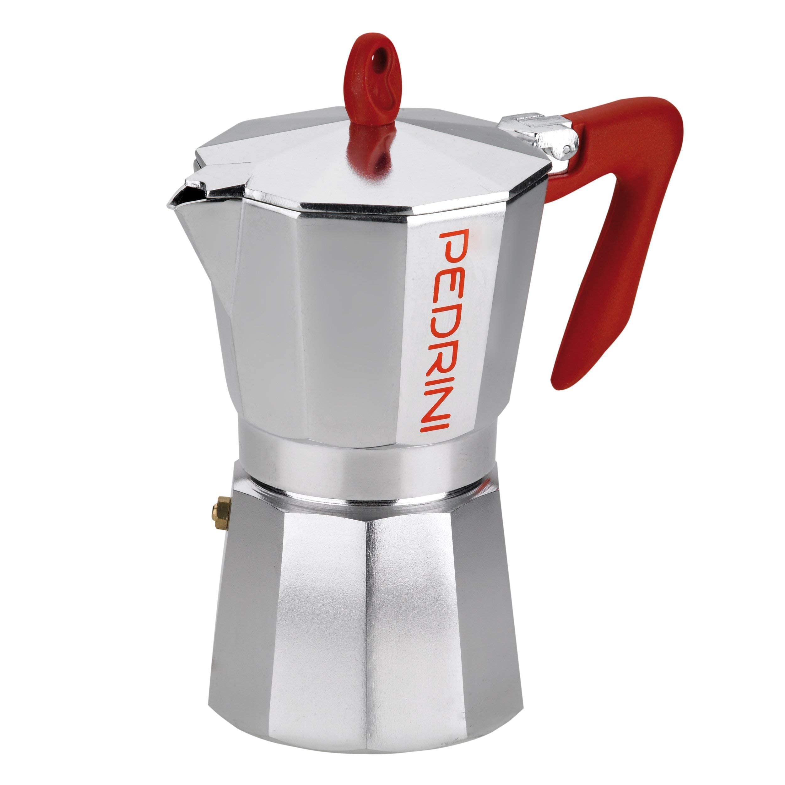 PEDRINI 908460 6-Cup Espresso Maker, Silver/Red - Perfect for Home Coffee Brewing & Italian-Style Espresso