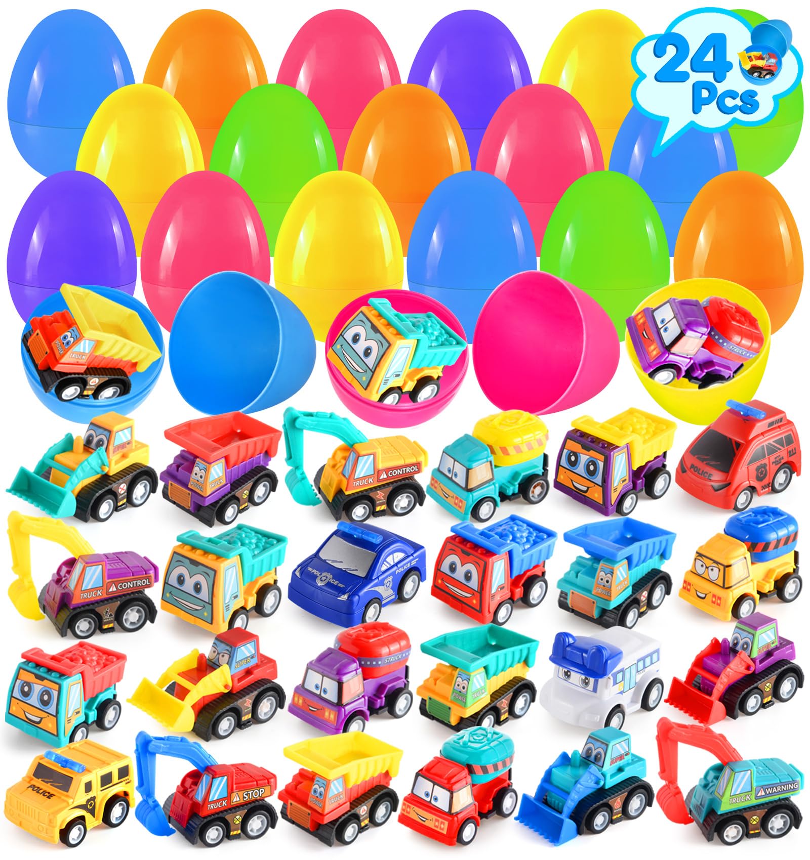 24 Pack Prefilled Easter Eggs with Pull Back Construction Vehicle Toys Inside - Easter Basket Stuffers for Toddlers, Kids, Boys & Girls - Perfect for Easter Egg Hunts, Party Favors & Gift Fillers