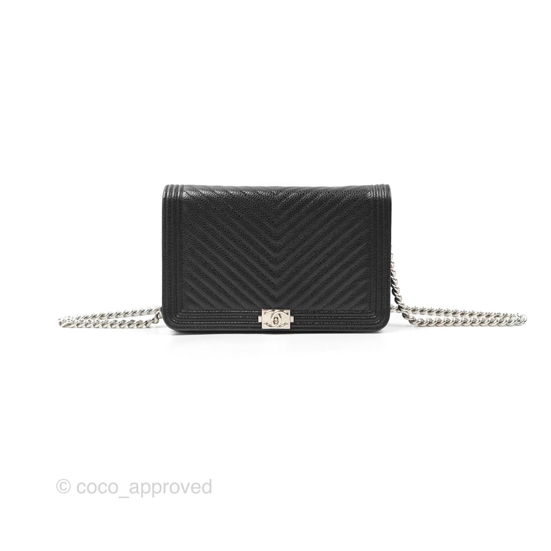 Chanel Chevron Boy Wallet on Chain WOC Black Caviar Leather with Silver Hardware - Luxury Crossbody Bag for Women, Perfect for Evening Parties & Date Nights
