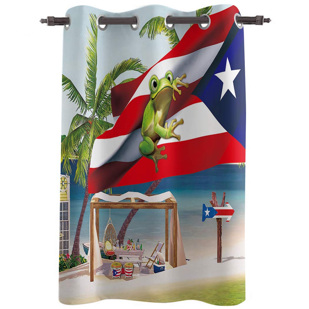 52''W x 24''H Frog on Puerto Rican Flag Beach Themed Grommet Window Curtain Panel - Tropical Decor for Kitchen, Cafe, Bedroom & French Doors - Coastal Home Decor & Room Dividers