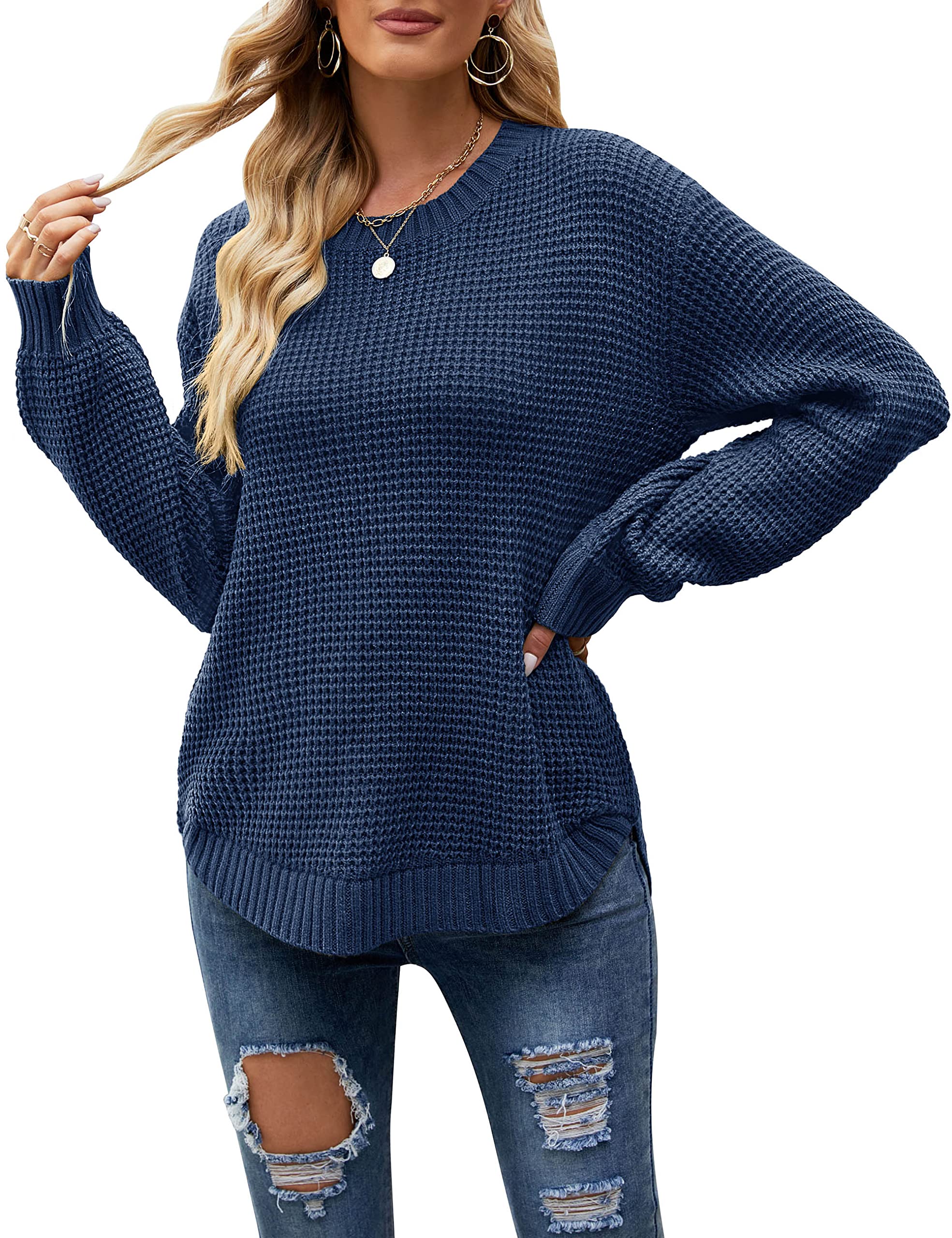 MEROKEETY Women's 2024 Fall Waffle Knit Sweater - Long Balloon Sleeve Loose Pullover Jumper - Cozy Casual Knitwear for Autumn, Perfect for Office, Dates & Weekend Outings