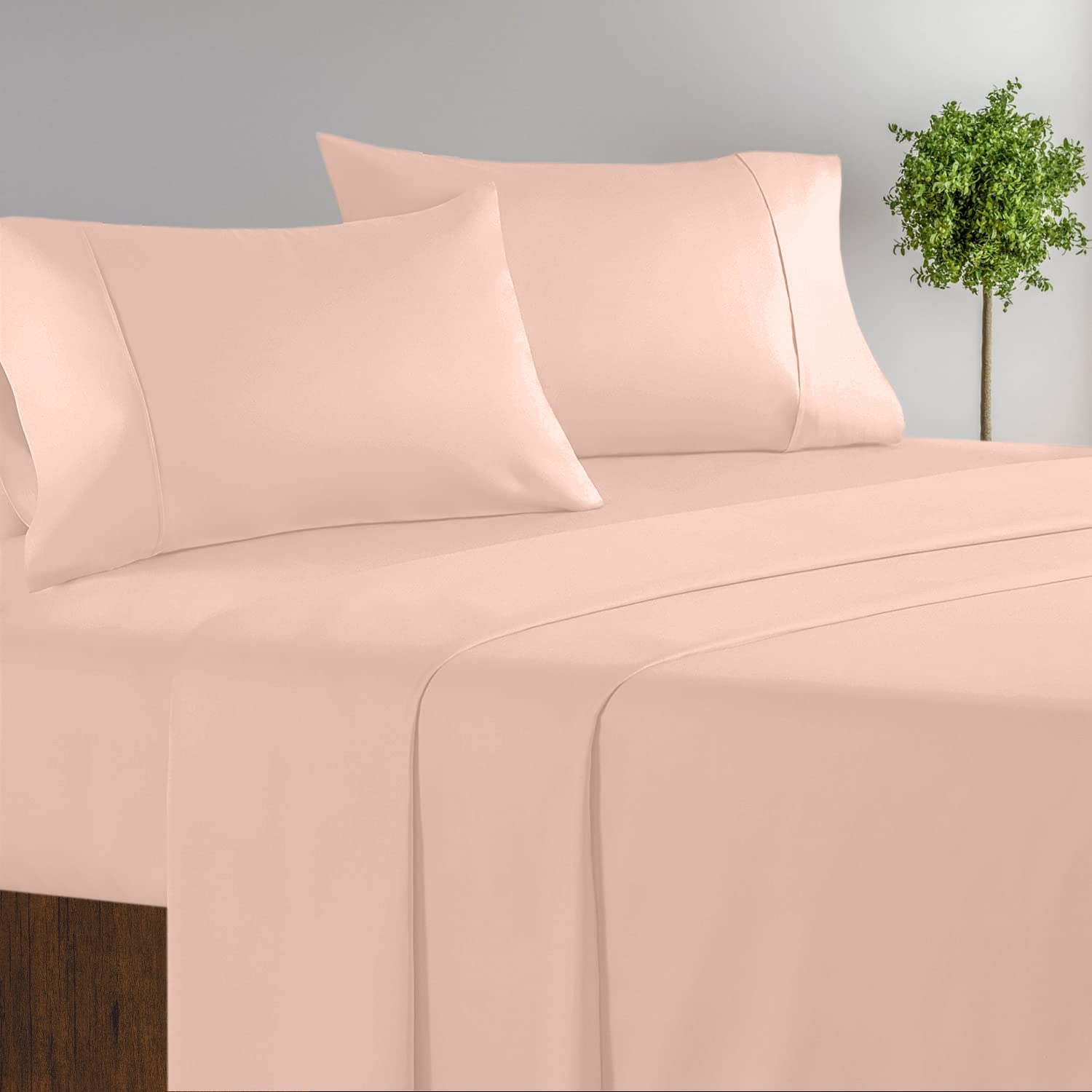 1000 Thread Count 100% Egyptian Cotton 5-Piece Split Queen Sheet Set with Pillowcases - Silky Sateen Weave, Breathable Bedding for Ultimate Comfort | Perfect for Master Bedrooms, Guest Rooms & Luxury Hotels (Peach)