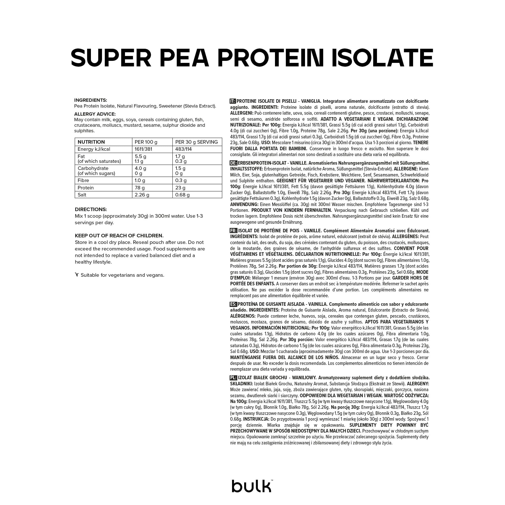 Bulk Pea Protein Isolate Powder - Vegan Protein Shake Supplement, Vanilla Flavor, 500g for Smoothies, Baking & Post-Workout Recovery