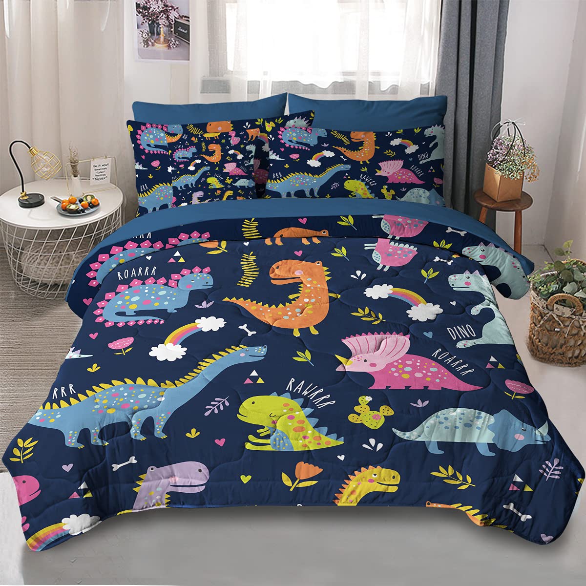 8-Piece Dinosaur Bedding Set for Boys - King Size Dino Themed Bed-in-a-Bag with Comforter, Pillowcases, Sheets & Cushion Cover - Colorful Jurassic Decor for Kids Room, Nursery or Dorm - Perfect Gift for Dinosaur Lovers