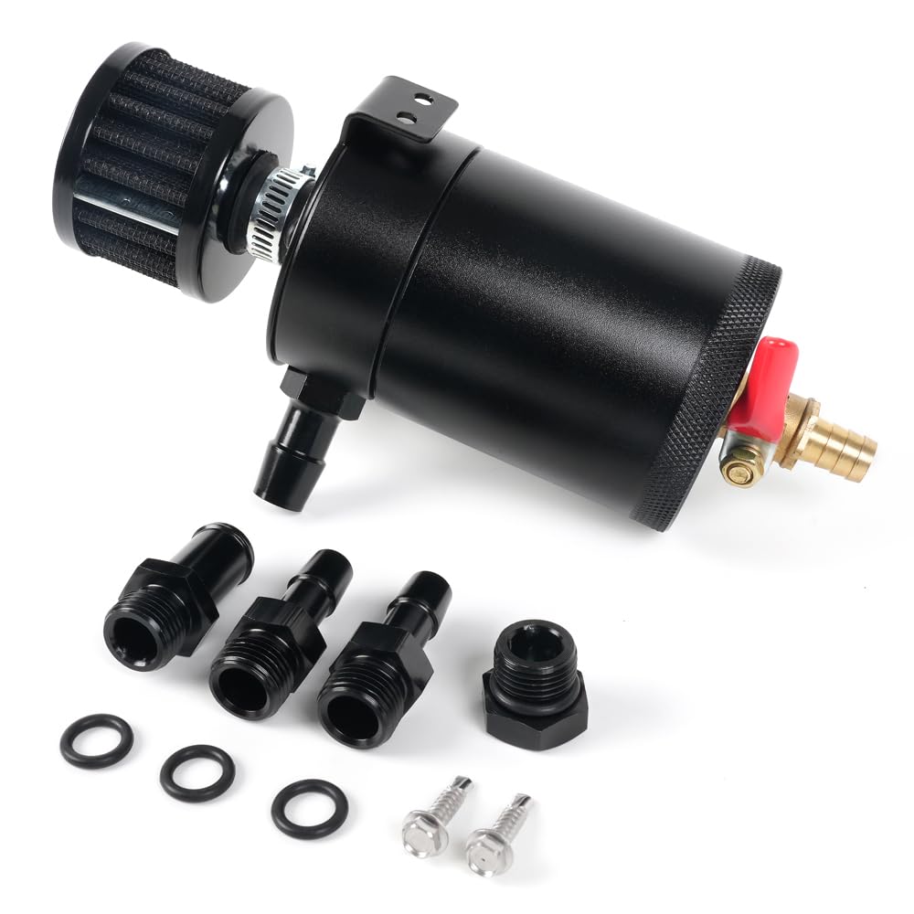 Universal Oil Catch Can Kit - 2 Port Billet Aluminum Engine Oil Separator with Breather Filter Reservoir | Car Performance Upgrade for Turbocharged & High-Performance Vehicles