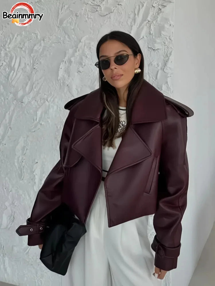 Stylish Women's Burgundy Leather Jacket with Lapel - Casual Loose Fit Long Sleeve Coat with Pockets | Autumn & Winter Outerwear for Street Fashion, Date Nights & Office Wear