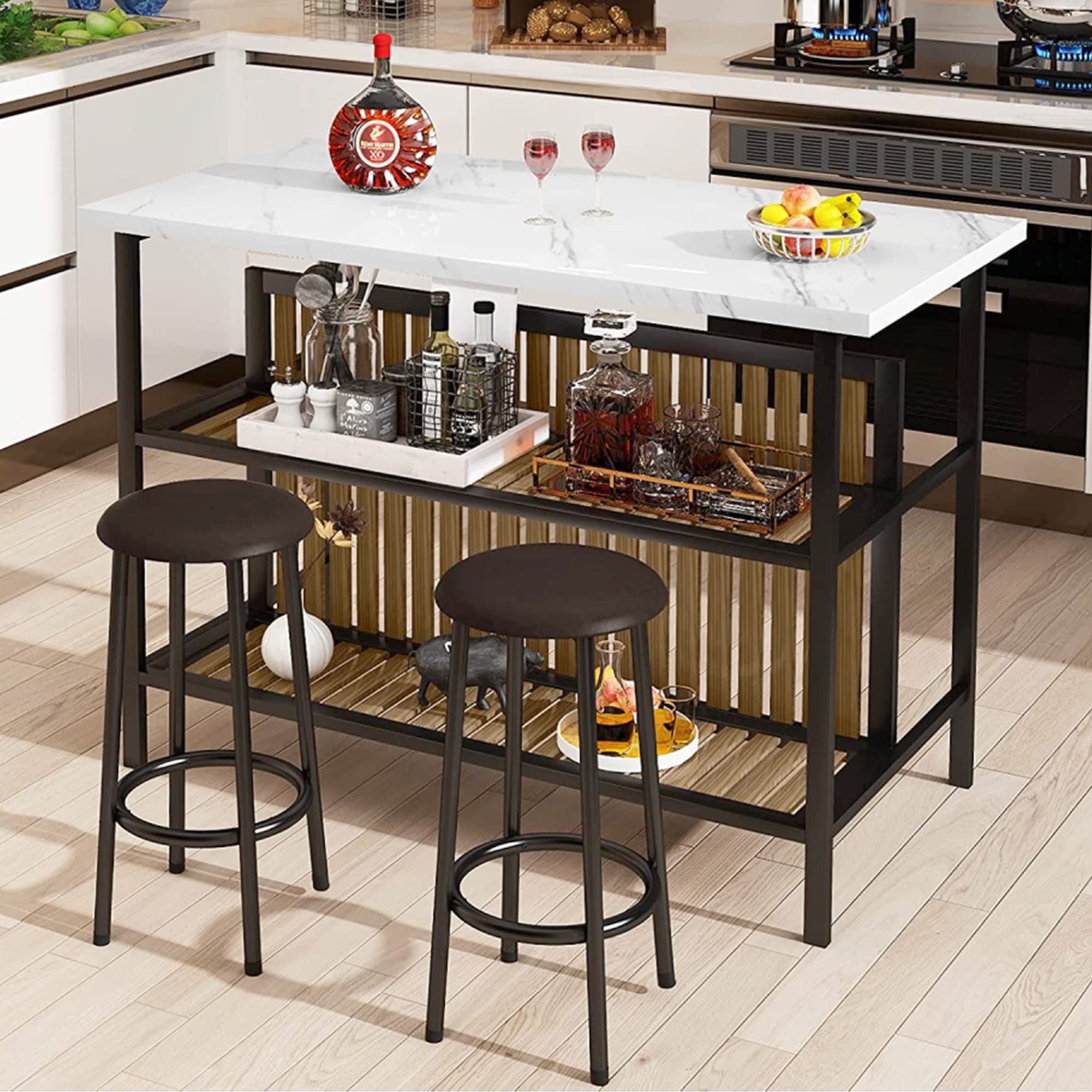 Modern White Kitchen Island with Seating for 2 - Faux Marble Countertop, Storage Shelf & Bar Table Set - Space-Saving Dining Solution for Small Kitchens, Breakfast Nooks & Apartment Living