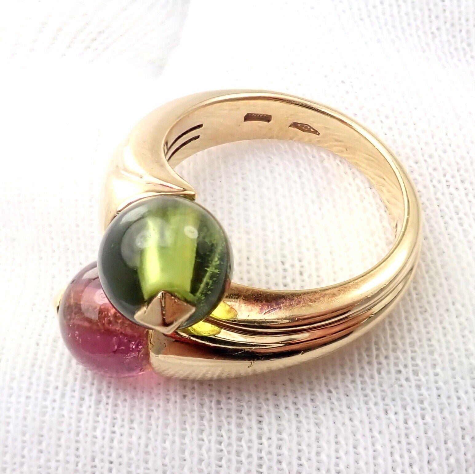 Vintage Bulgari Bvlgari 18k Yellow Gold Pink & Green Tourmaline Bypass Ring - Luxury Jewelry for Women, Elegant Gift for Anniversary & Special Occasions