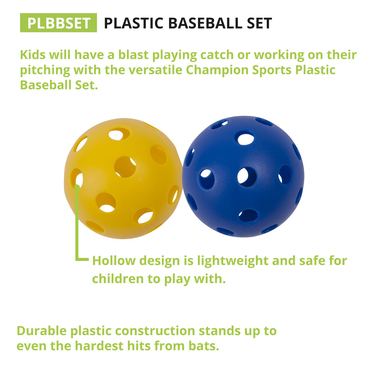 Champion Sports Hollow Plastic Baseballs - Lightweight Training & Practice Balls for Baseball, Softball & T-Ball | Perfect for Backyard Drills, Batting Practice & Youth Sports Training