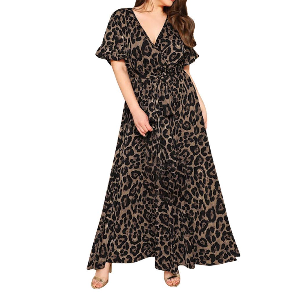 Plus Size Floral Print V-Neck Short Sleeve Bandage Dress for Women - Sexy Leopard Design Perfect for Date Night, Party & Summer Vacation