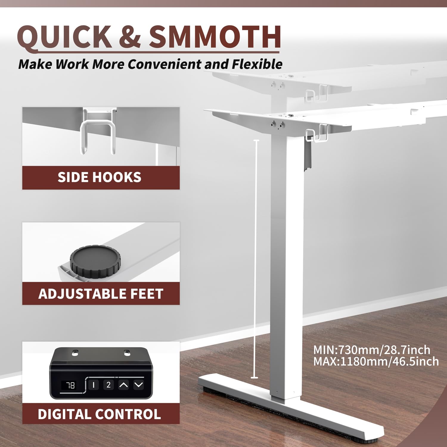 ERGOMAKER Single Motor Electric Height Adjustable Standing Desk Frame - Sit Stand Desk Legs for Home Office & Workspace, White - Perfect for Computer Work, Gaming & Study Setup