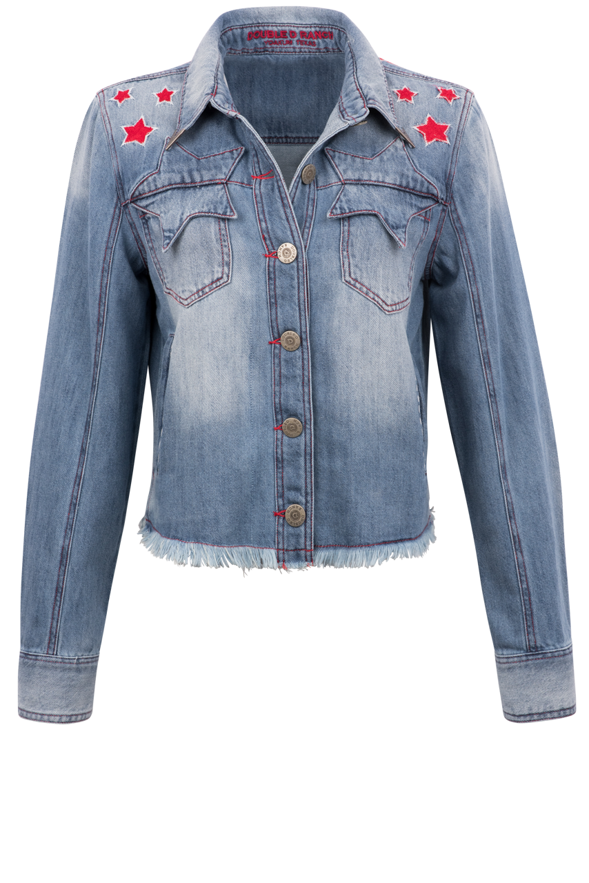 Double D Ranch Space Cowboy Trucker Jacket for Men - Vintage Western Denim Jacket with Fringe - Perfect for Rodeo, Country Music Festivals & Casual Wear