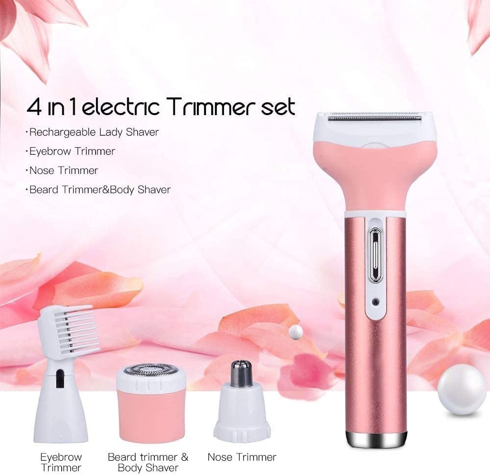 KouRy 4-in-1 Electric Hair Remover for Women - Waterproof USB Rechargeable Shaver & Trimmer for Body, Bikini, Eyebrow & Facial Hair Removal | Perfect for Travel, Gym & Home Use | Great Gift Idea (Pink)