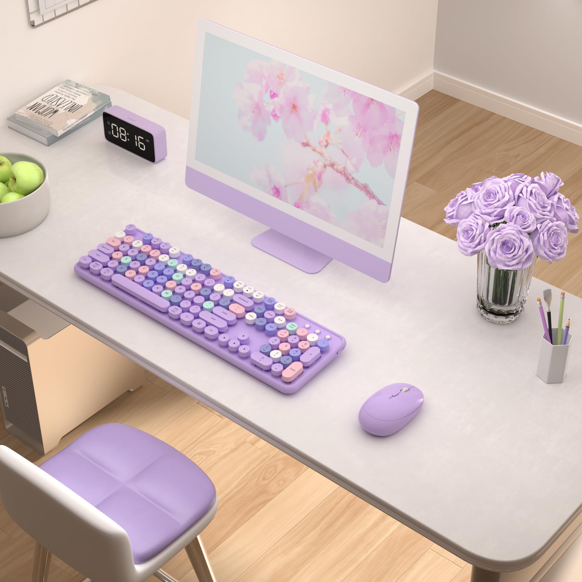 COVEVA Retro Wireless Keyboard and Mouse Combo - 2.4GHz Full-Sized 104-Key Round Keycap Set with Switch Button for PC, Laptop, Desktop (Purple) - Perfect for Home Office, Gaming & Creative Workspaces