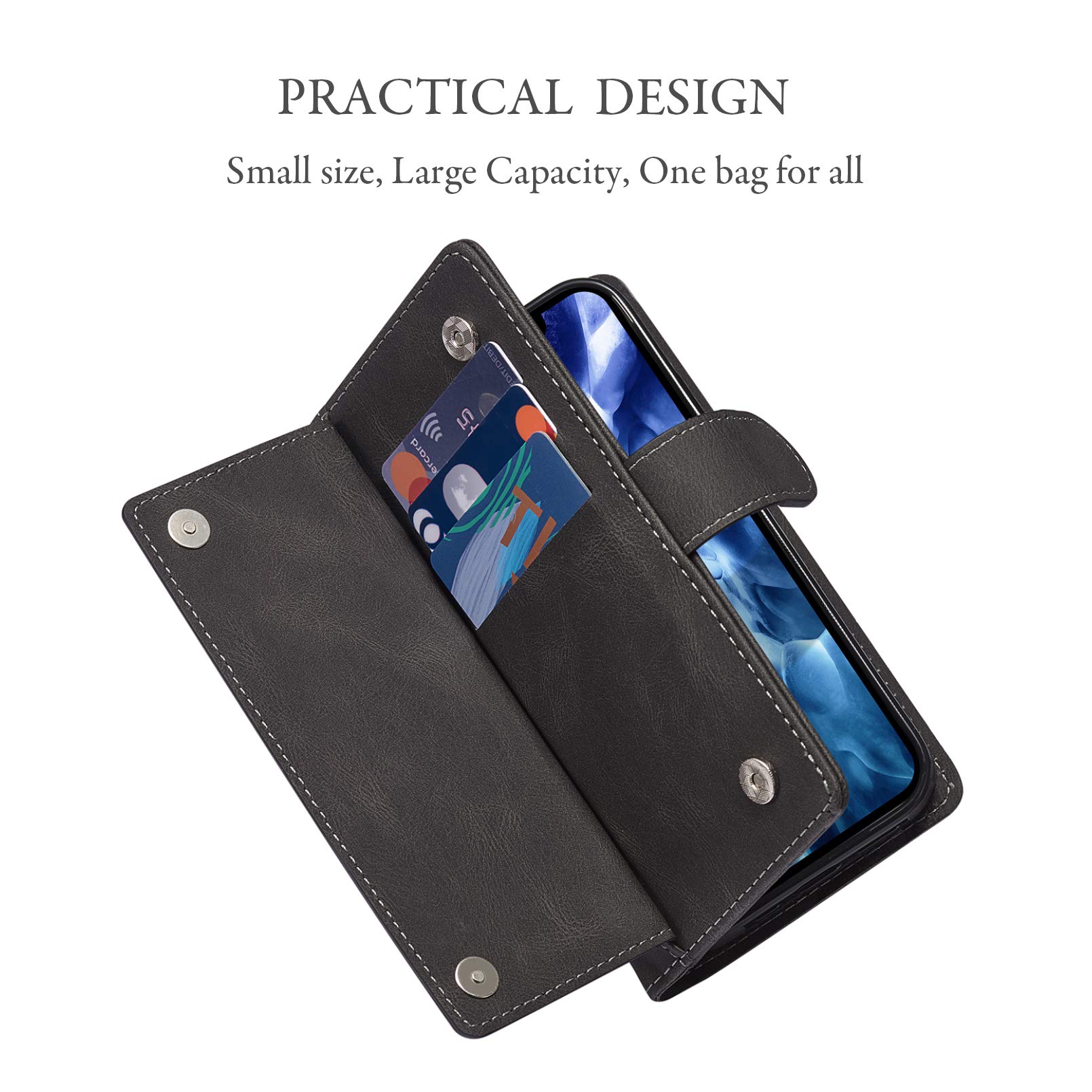 QLTYPRI Leather Wallet Case for iPhone 12 Pro Max (6.7 Inch) - Zipper Purse with Money Pocket, 9 Card Slots & Wrist Strap - Magnetic Flip Cover - Black - Perfect for Travel, Shopping & Everyday Use