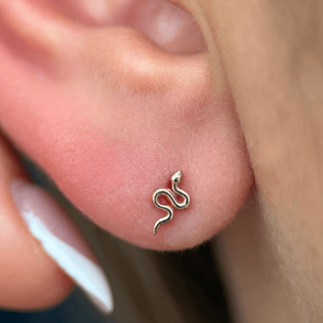 14K Yellow Gold Snake Flat Back Stud Earrings - Hypoallergenic Dainty Jewelry for Women, Perfect for Everyday Wear & Gifting