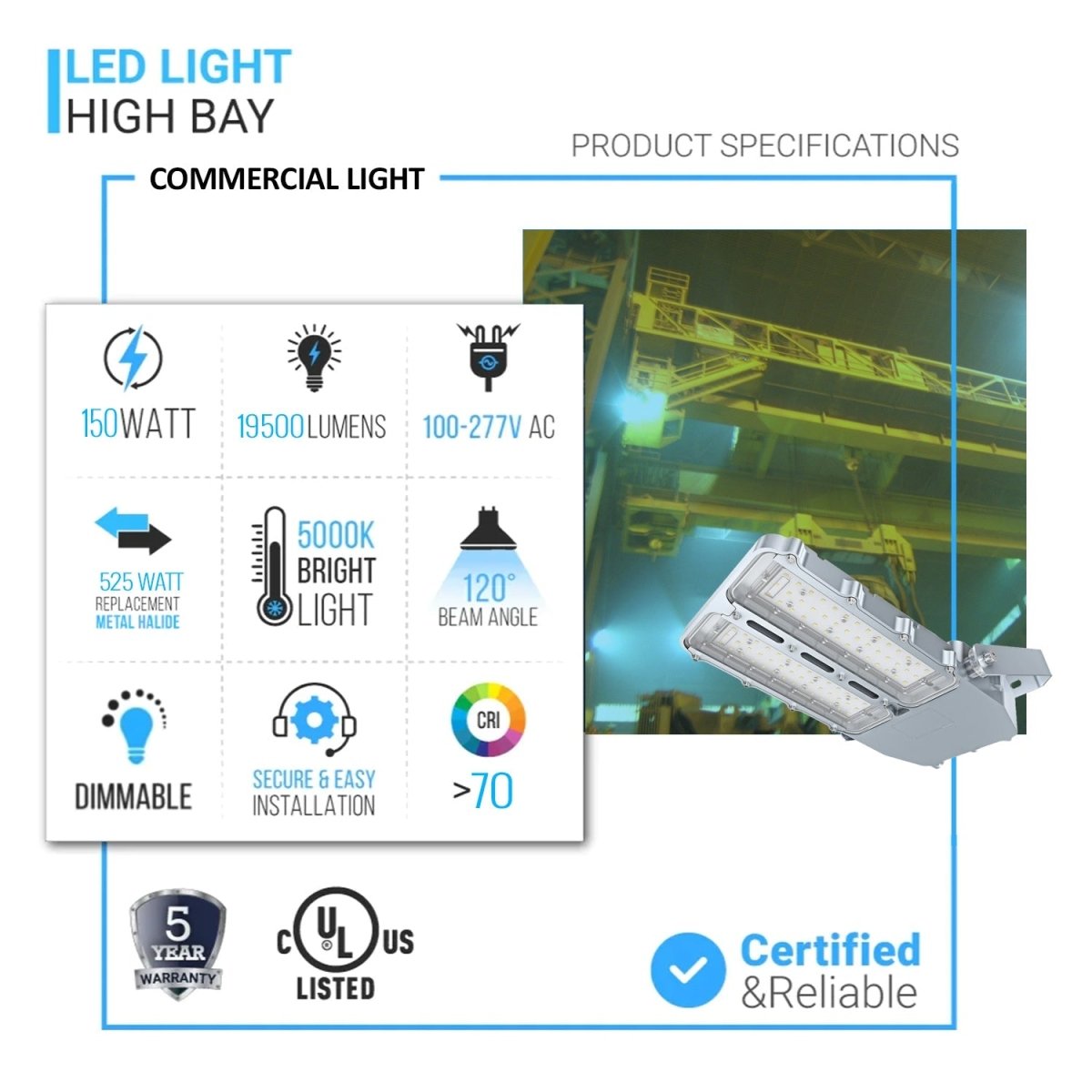 150W LED Explosion Proof Light - STA124 Series Dimmable 5000K 19500LM (AC100-277V IP66) - Hazardous Location Lighting for Oil Rigs, Chemical Plants & Industrial Facilities