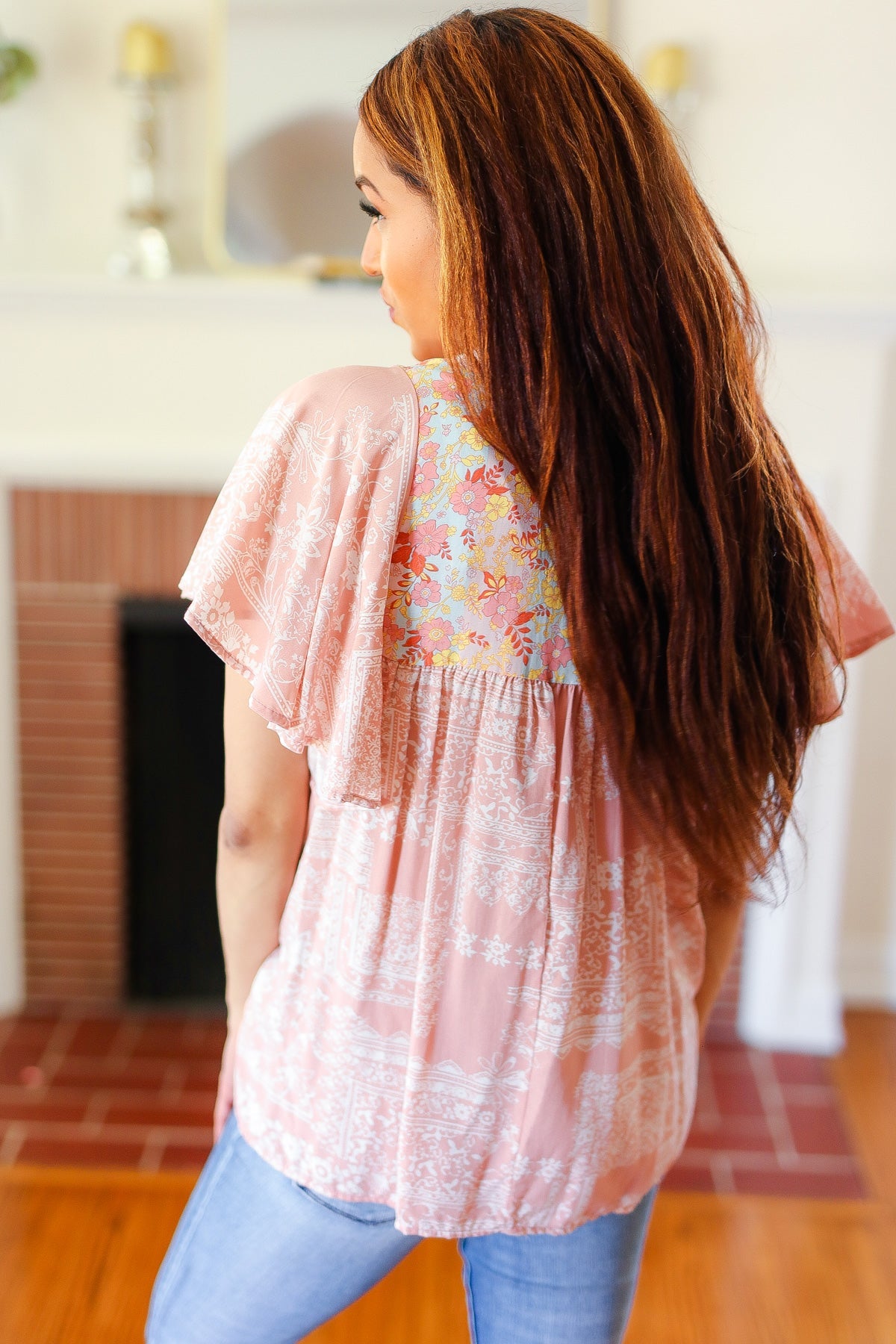 Blush Paisley Floral Tie-Neck Blouse for Women | Elegant Yoke Design | Perfect for Date Night & Summer Outfits