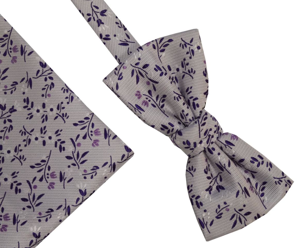 L.A. Smith Polyester Lilac Floral Bow Tie and Pocket Square Set - Perfect for Weddings, Prom & Formal Events