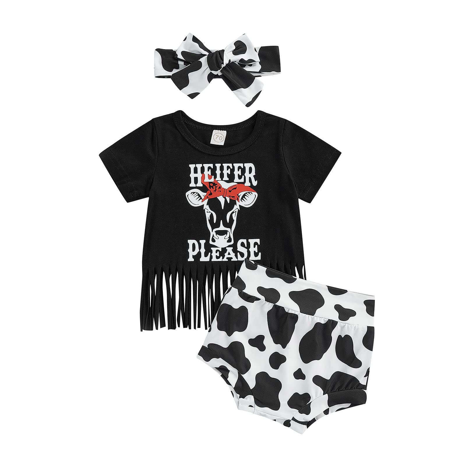 Adorable Newborn Baby Girl Outfit - Cow Print Short Sleeve Tassel Top & Shorts Set with Headband | Soft Cotton Summer Clothes for Infants 0-3 Months | Perfect for Photoshoots, Playdates & Special Occasions