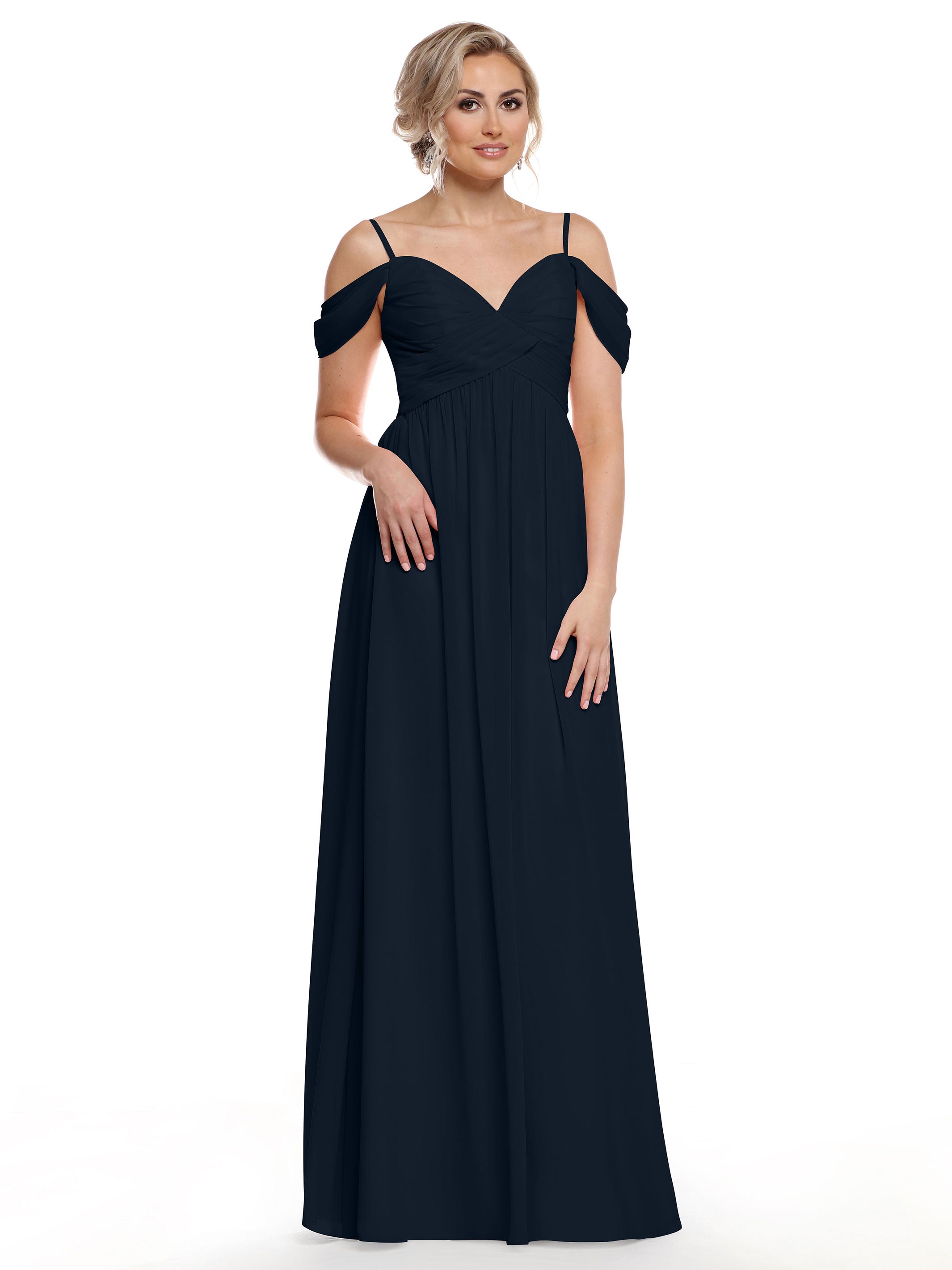 Elegant 80142 Off-The-Shoulder Chiffon Bridesmaid Dress with Spaghetti Straps - Perfect for Weddings, Formal Events & Evening Parties