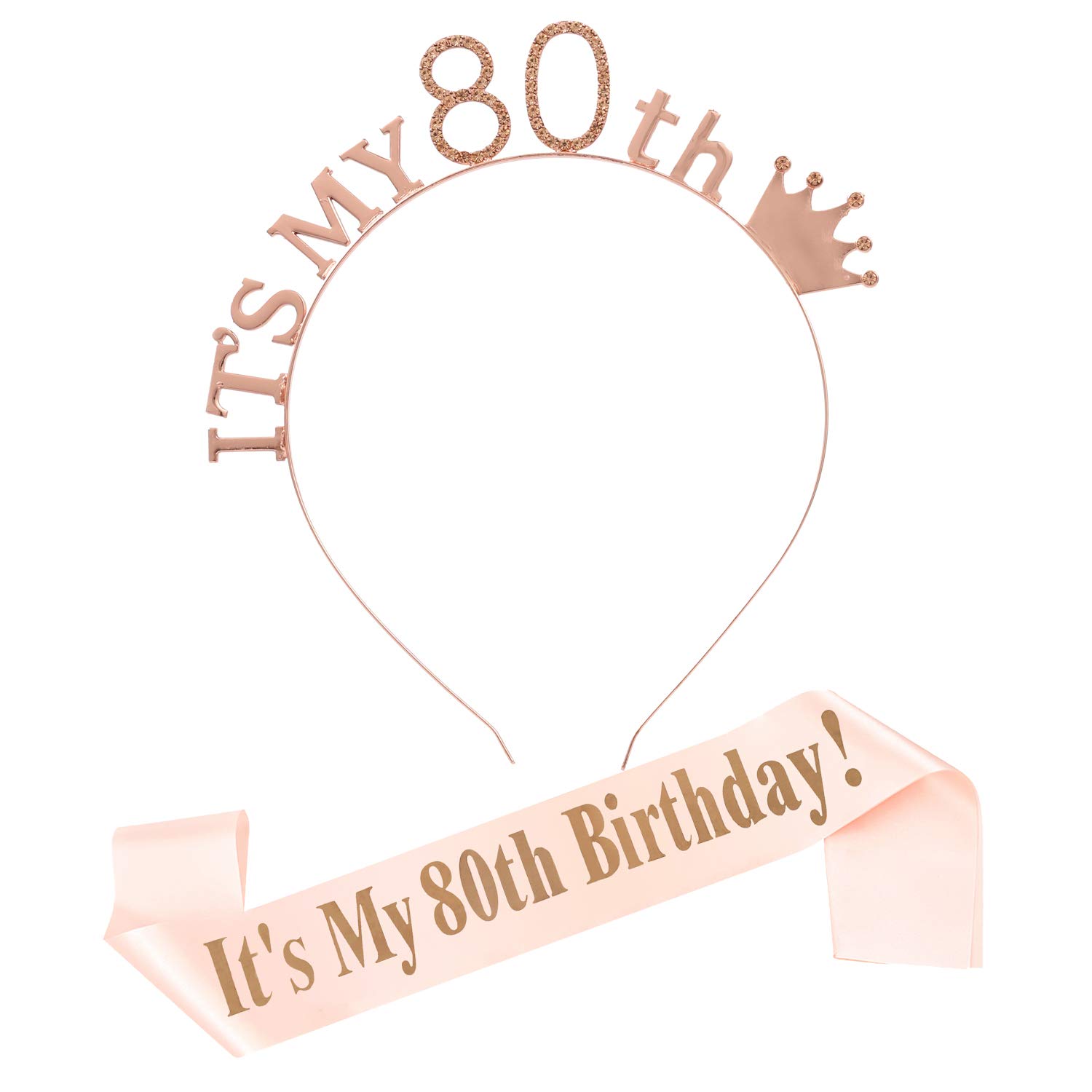 80th Birthday Tiara and Sash Set for Women - Sparkling Crystal Headpiece & Birthday Crown Party Accessories - Rose Gold Birthday Gift for Grandma, Mother, Wife - Perfect for Milestone Celebrations, Birthday Parties & Special Occasions