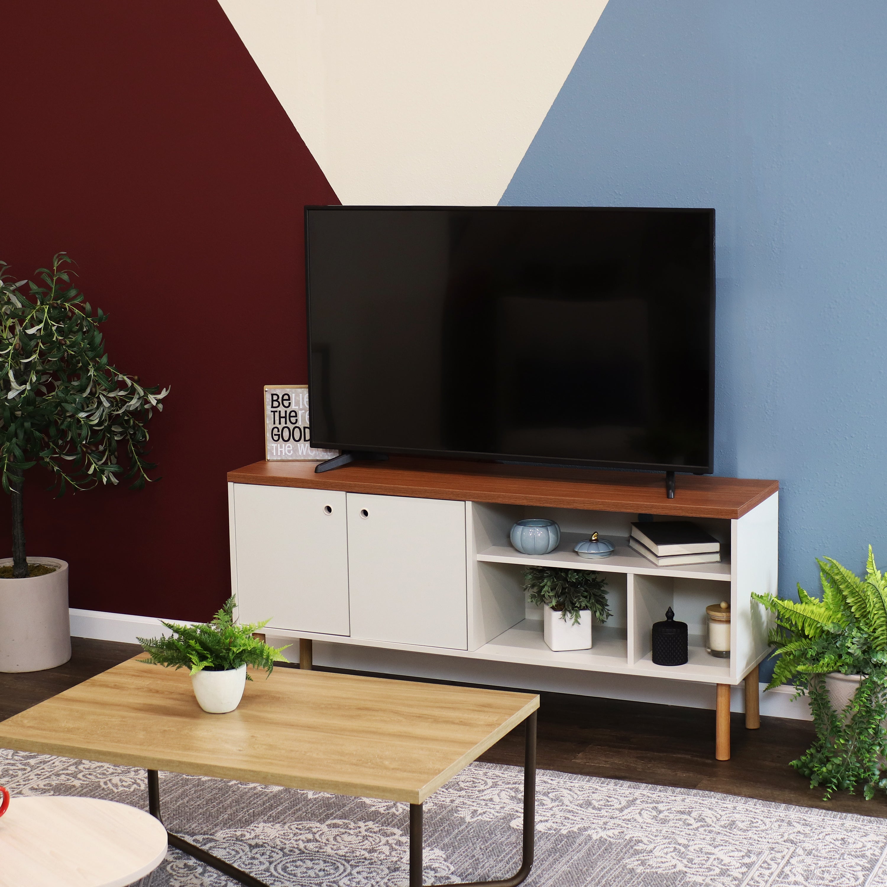 Mid Century Modern TV Stand for 55 Inch TV - Solid Wood Entertainment Center with Storage - Perfect for Living Room, Bedroom & Home Theater Setup
