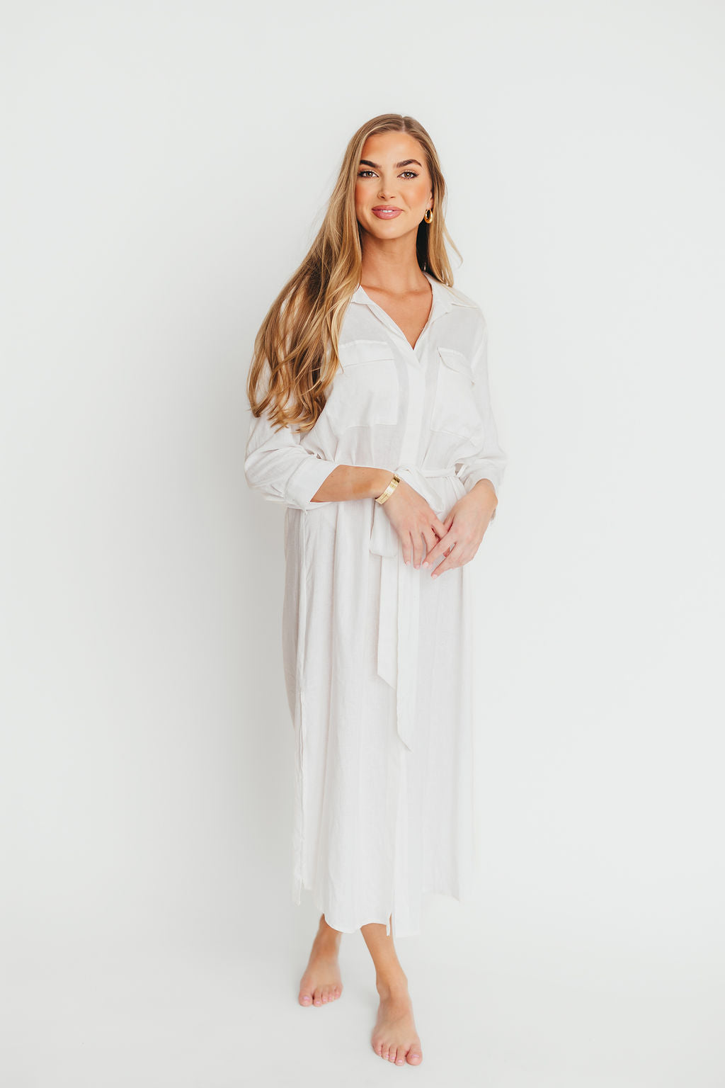 Rhea Belted Maxi Shirt Dress in White - Nursing Friendly Maternity Dress for Women | Comfortable & Stylish for Pregnancy, Breastfeeding & Everyday Wear