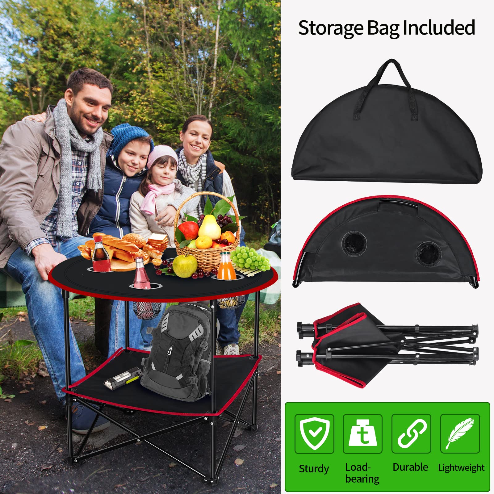 Portable Folding Camping Table with 4 Cup Holders & Carry Bag - Lightweight Collapsible Outdoor Picnic Table for Beach, BBQ, Garden, Travel & Patio - Compact Canvas Camp Table (Red) - Perfect for Camping Trips, Backyard Parties & Outdoor Adventures