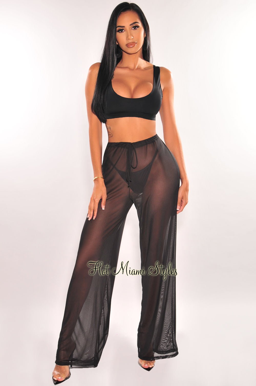 Black Mesh Drawstring Palazzo Cover Up Pants - Lightweight Beachwear for Women, Summer Vacation, Poolside Lounging & Resort Wear