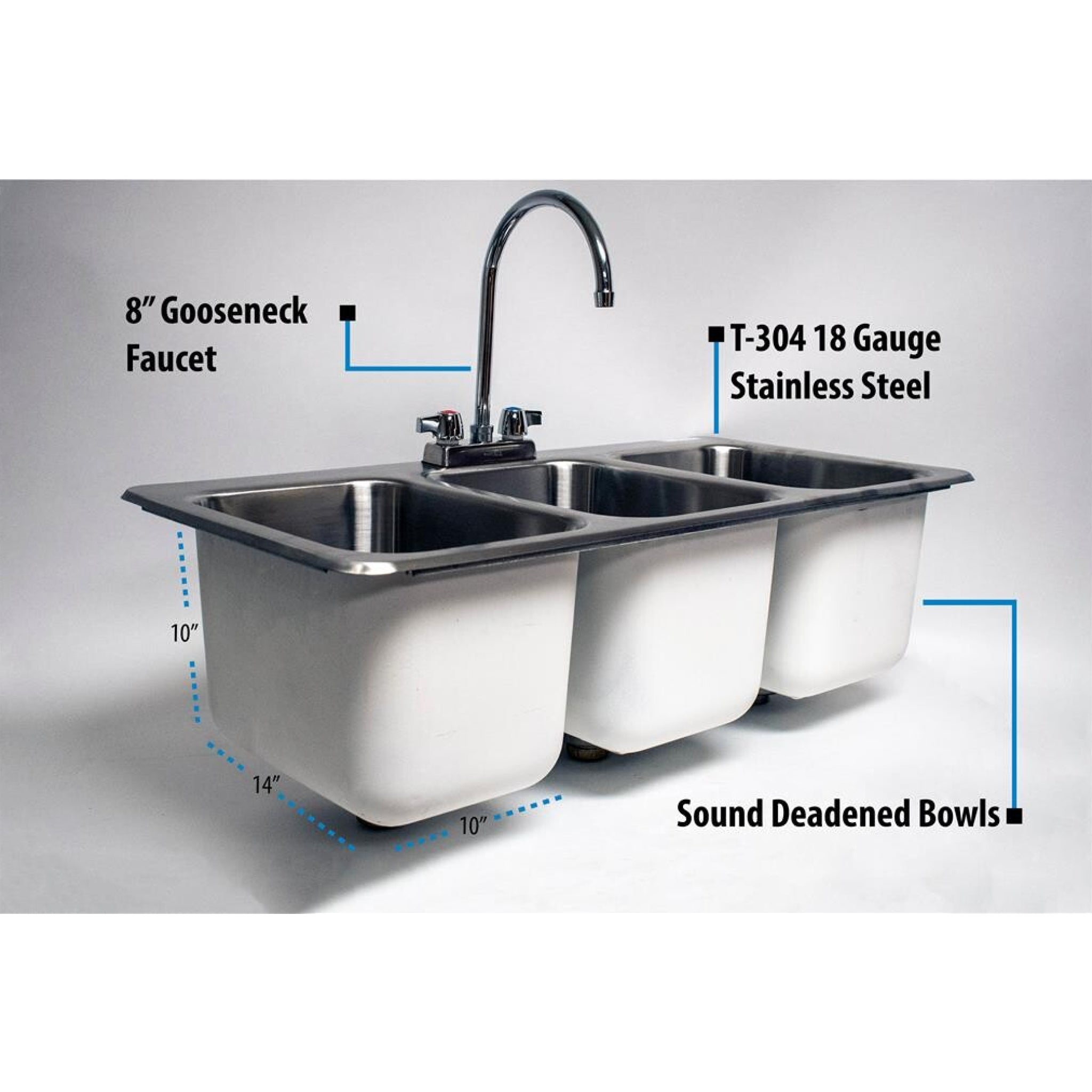 BK Resources 36-Inch 3-Compartment Stainless Steel Drop-In Kitchen Sink with Faucet - Perfect for Restaurants, Food Trucks & Home Kitchens (Model: BK DDI3 10141024 P G)