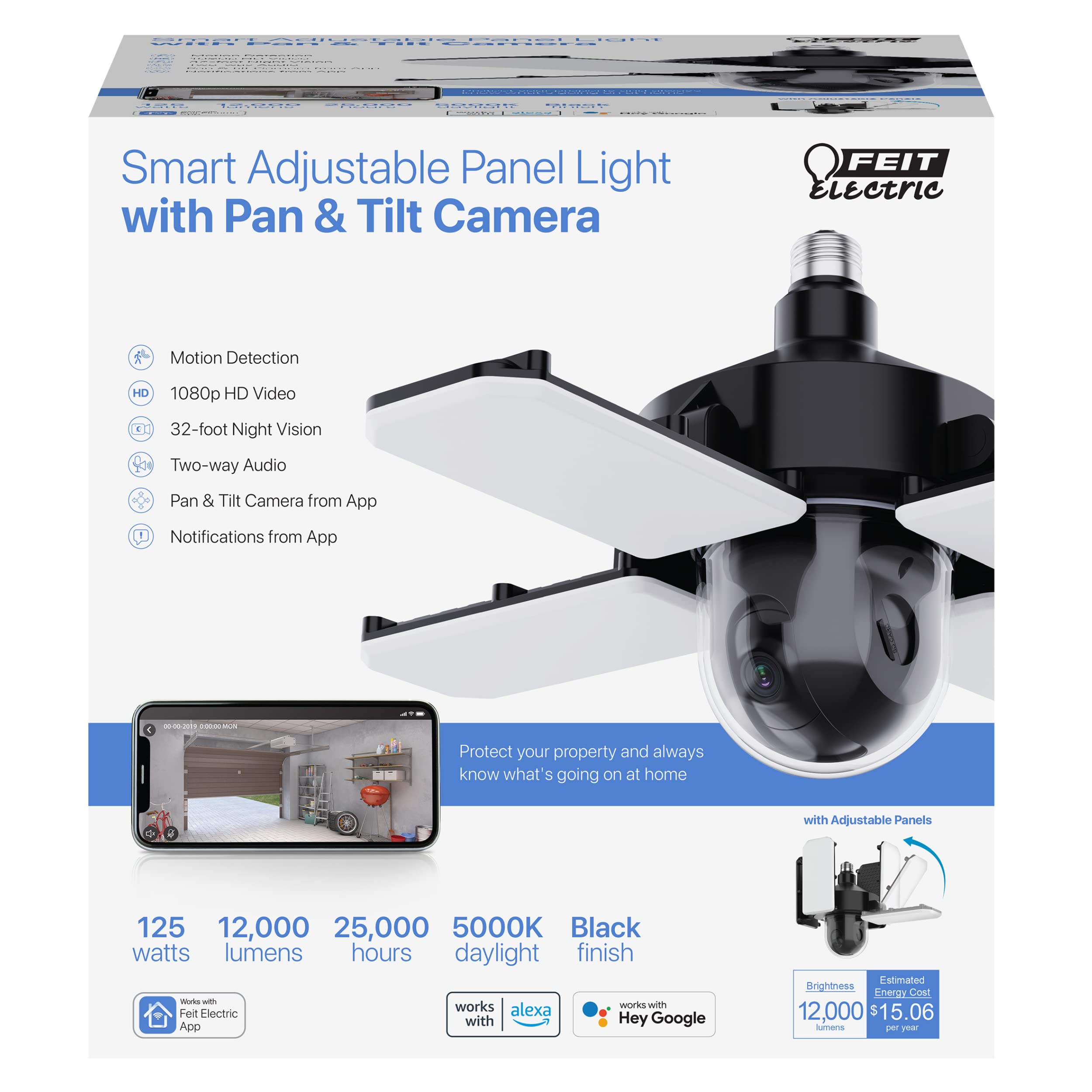 Feit Electric Smart LED Garage Ceiling Light with Built-in Security Camera - WiFi 2.4GHz, E26 Screw-in Base, Motion Sensor, Two-Way Audio & Video Alerts - 12,000 Lumens 5000K Dimmable - Ideal for Home Security, Garage Lighting & Smart Home Integration