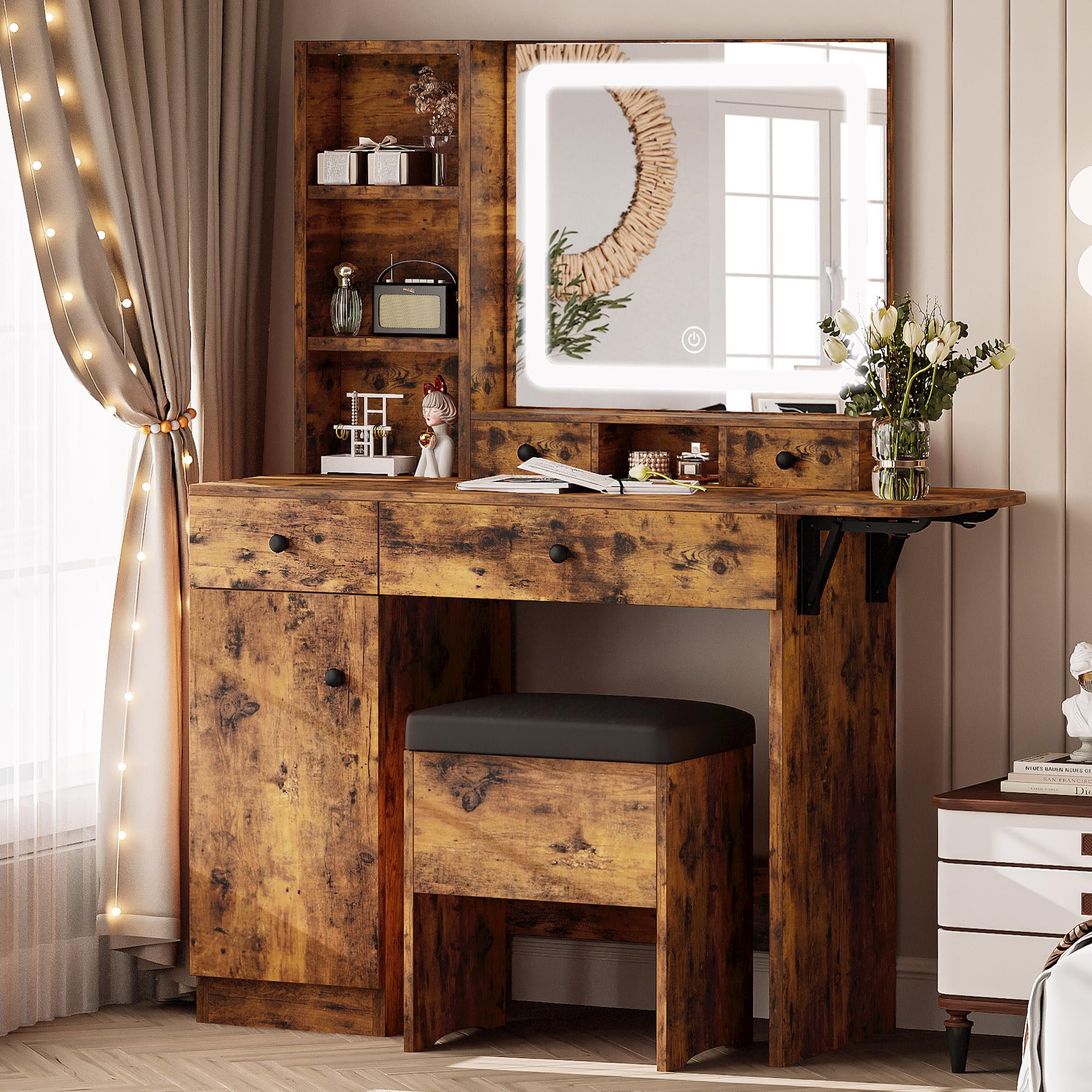 LIKIMIO Vanity Desk Set with LED Lighted Mirror, 3 Drawers & Power Outlet - Vintage Brown Makeup Dressing Table with Storage Stool - Perfect for Bedroom, Dorm Room & Beauty Salon Organization