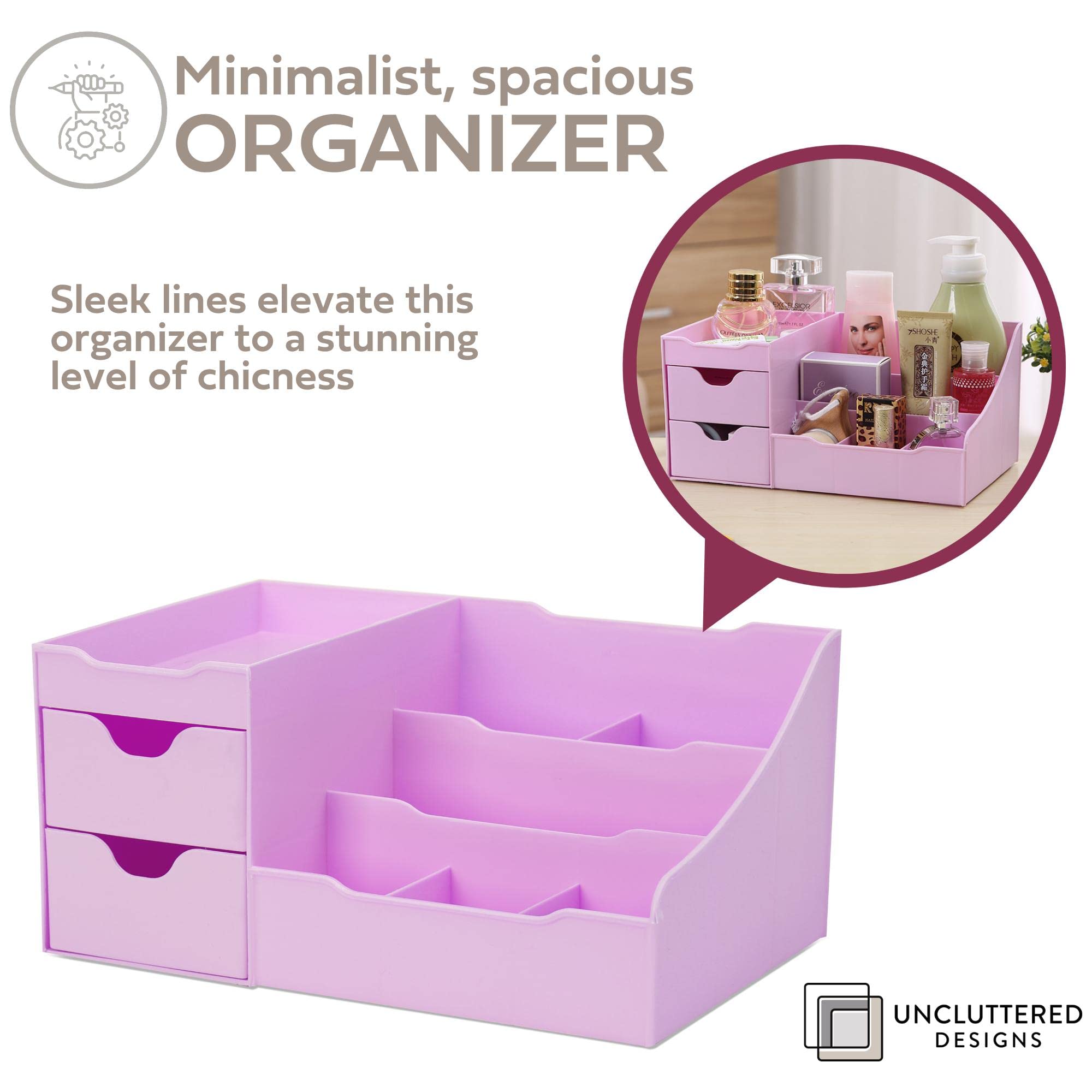 Modern Makeup Organizer with Drawers - Countertop Cosmetic Storage for Brushes, Lipstick, Nail Polish & Skincare - Vanity Display Organizer for Perfume & Beauty Products (Purple) - Perfect for Bedroom, Bathroom & Dressing Table Organization