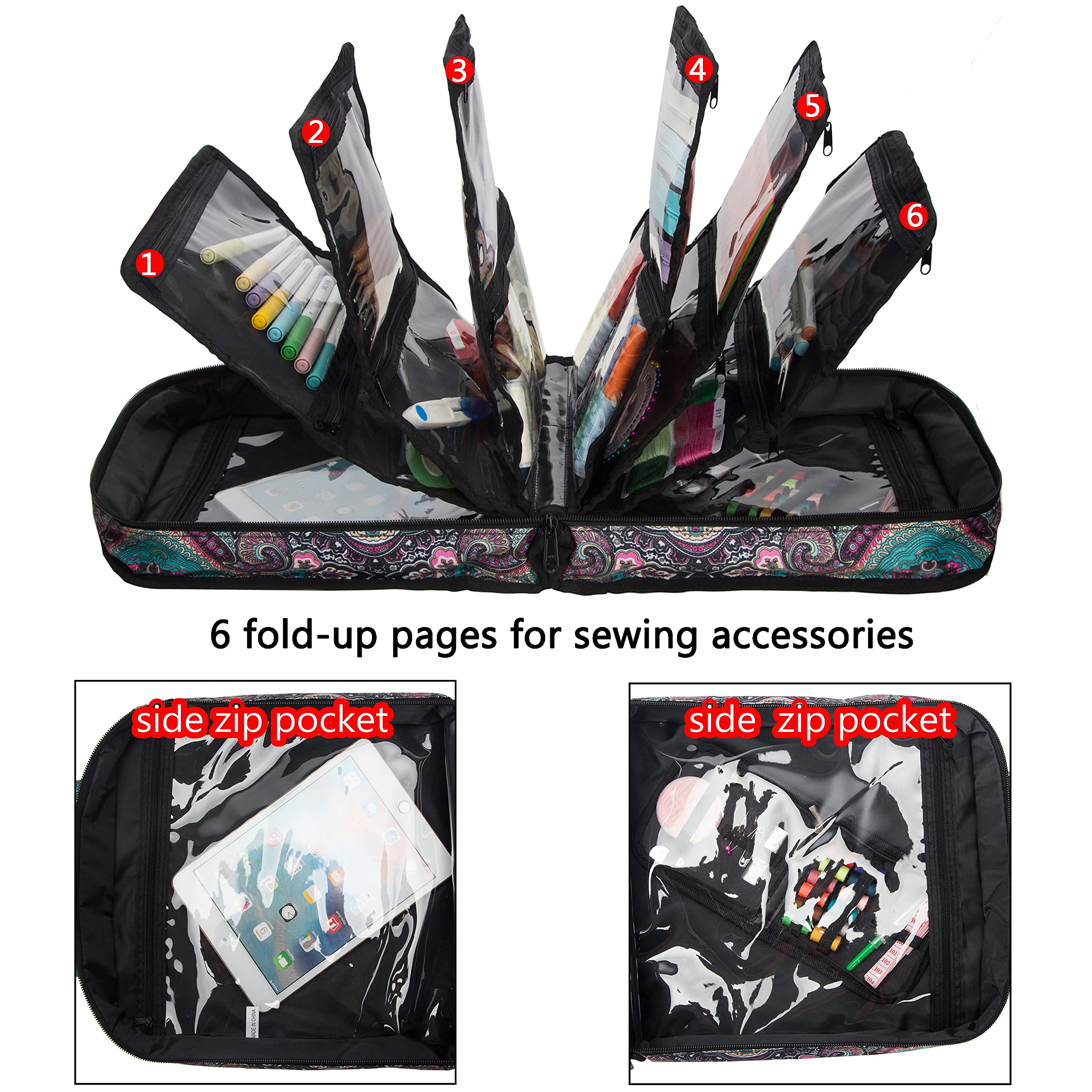 PACMAXI Sewing Accessories Storage Bag - Large Paisley Pattern Knitting & Craft Tools Organizer with Multiple Pockets - Perfect for Sewing Kits, Quilting Supplies & DIY Projects at Home or On-The-Go