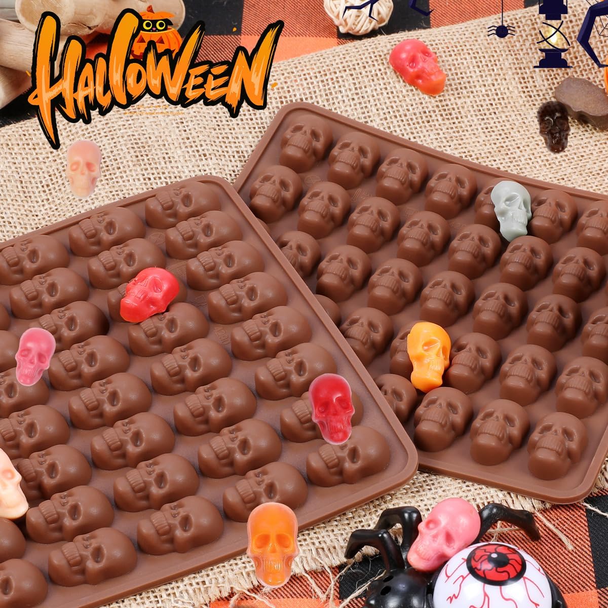 Halloween Skull Silicone Molds for Baking - 2 Pack (40 Cavities) Non-Stick Candy Molds for Gummies, Chocolate & Ice Cubes - Perfect for DIY Treats, Party Favors & Spooky Desserts