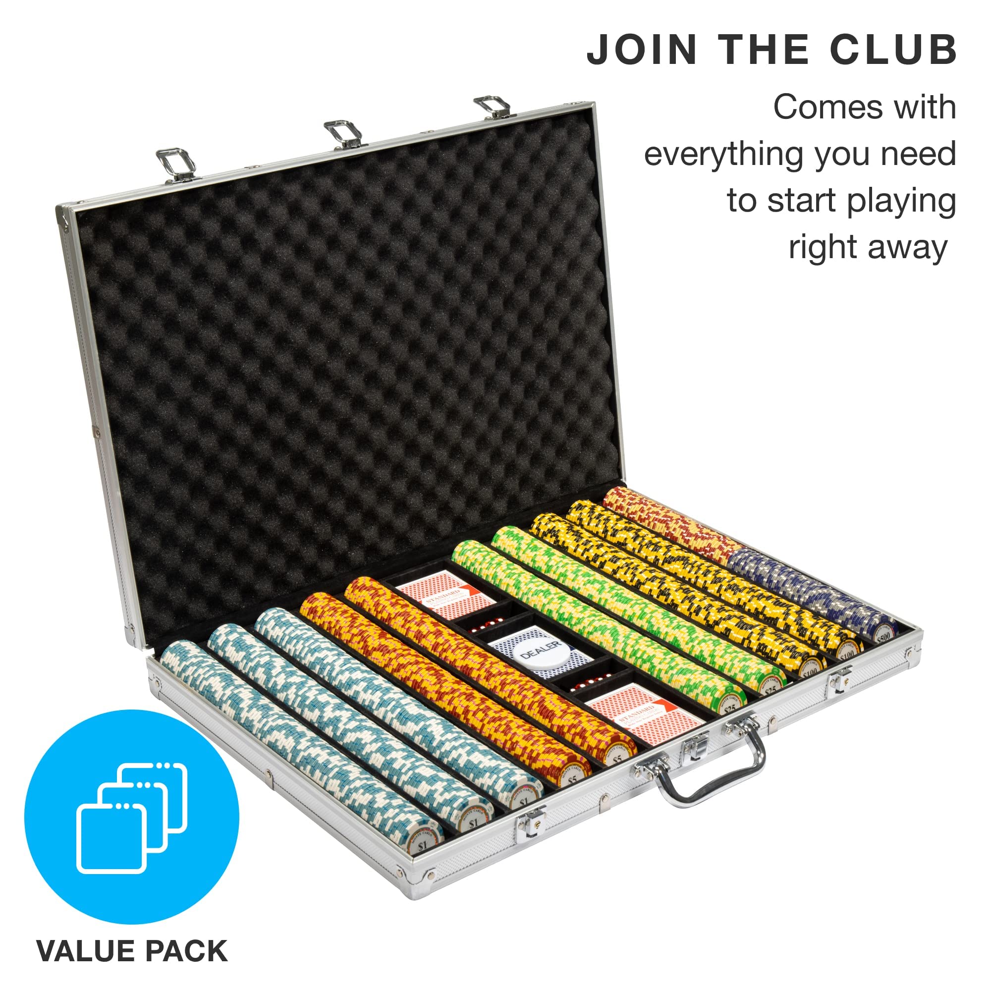 Brybelly 14 Gram 1000 Count Poker Chips Set - Monte Carlo Style 14G Clay Composite Casino Chips with Aluminum Case, Playing Cards & Dealer Button - Perfect for Texas Hold'em, Blackjack, Home Poker Nights & Casino Party Games | Durable Poker Accessories for Game Nights & Professional Play