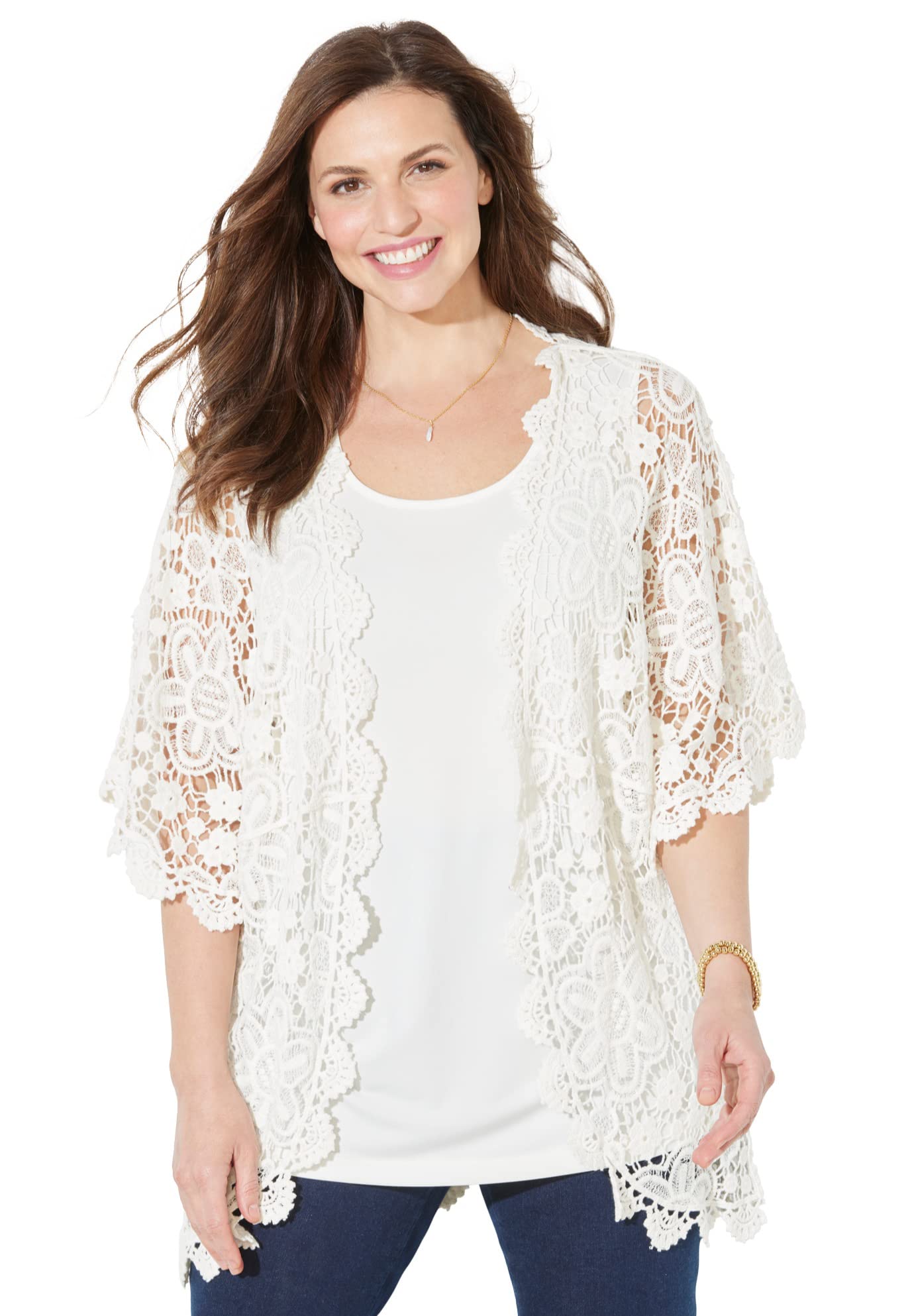 Catherines Women's Plus Size Graceful Crochet Kimono Cardigan - Lightweight Summer Cover Up for Beach, Pool, and Boho Outfits