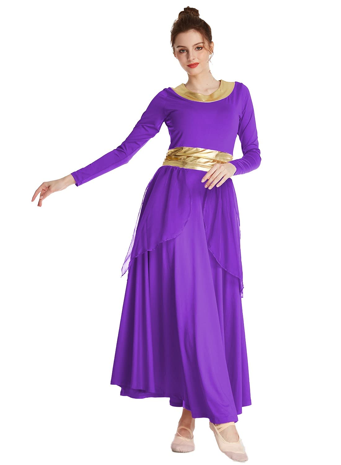 REXREII Women's Praise Dance Robe - Metallic Waistband Long Sleeve Liturgical Worship Dress with Chiffon Skirt for Church Performances, Choir Concerts & Lyrical Dance Costume - Perfect for Easter, Christmas & Baptism Ceremonies