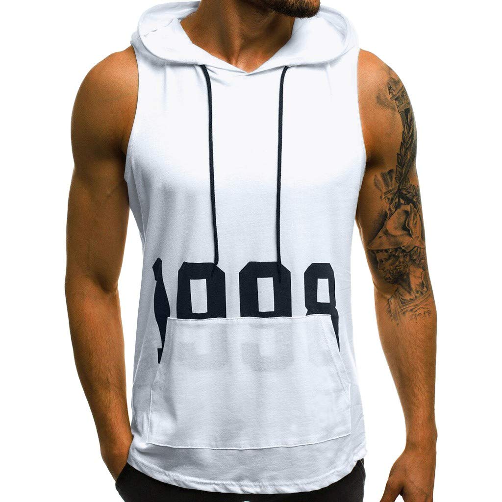 GDJGTA Men's Workout Shirts - Muscle Print Sleeveless Hooded Gym Tops with Pocket, Moisture Wicking & Quick Dry for Bodybuilding, Weightlifting & Fitness Training - Perfect for Gym, Running & Outdoor Workouts