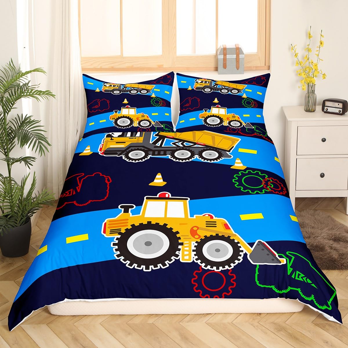 Kids Excavator Bedding Set - Queen Size Construction Truck Comforter with Vibrant Colors | Perfect for Boys' Room Decor & Construction Theme Bedrooms